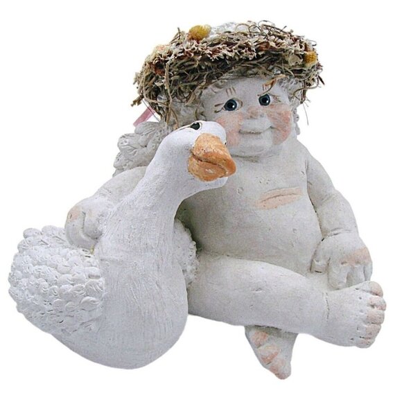 Vintage Handcrafted Cherub Angel and Goose Duck Figurine Cast Art By Kristin '91 - Picture 1 of 13